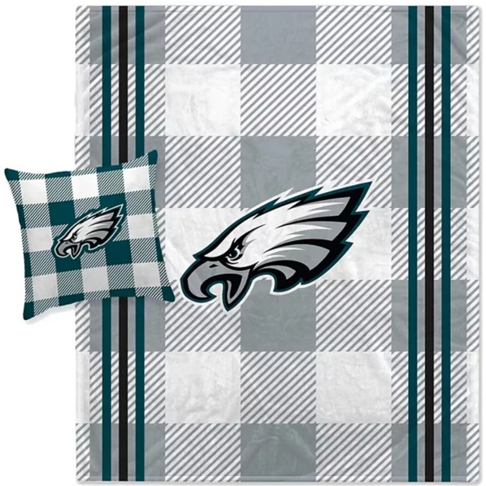 Eagles Plaid Blanket and Pillow Set - Green, Gray and White